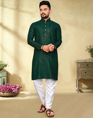 bottle green cotton men kurta pyjama with silver design 1