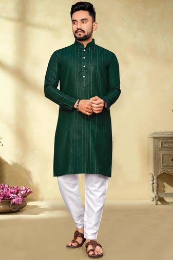 bottle green cotton men kurta pyjama with silver design