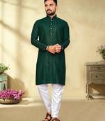 bottle green cotton men kurta pyjama with silver design