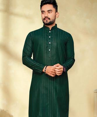 bottle green cotton men kurta pyjama with silver design 2