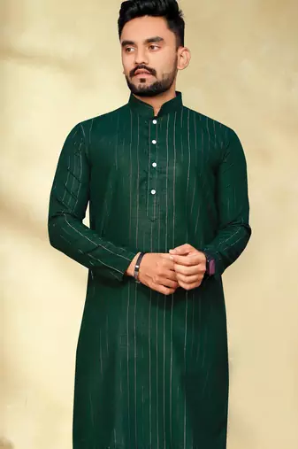 bottle green cotton men kurta pyjama with silver design