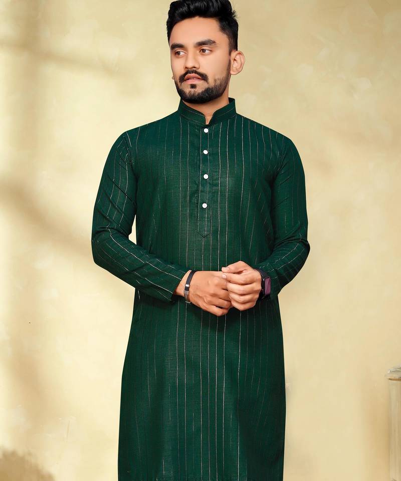 bottle green cotton men kurta pyjama with silver design