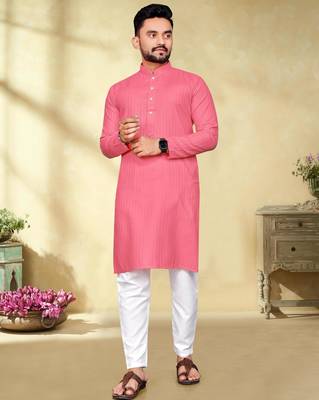 pink cotton men kurta pyjama with silver weaving 1