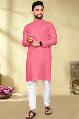 pink cotton men kurta pyjama with silver weaving