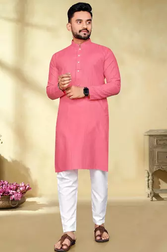 pink cotton men kurta pyjama with silver weaving
