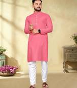 pink cotton men kurta pyjama with silver weaving
