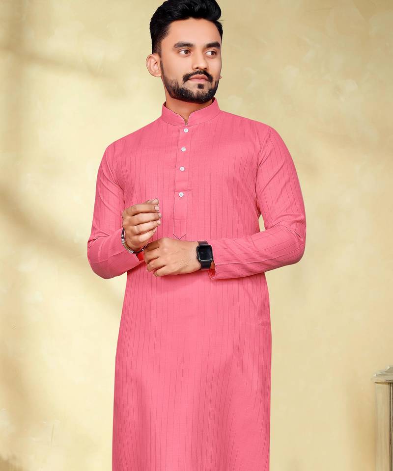 pink cotton men kurta pyjama with silver weaving