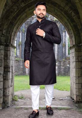 black slub cotton men kurta pyjama with silver work 1