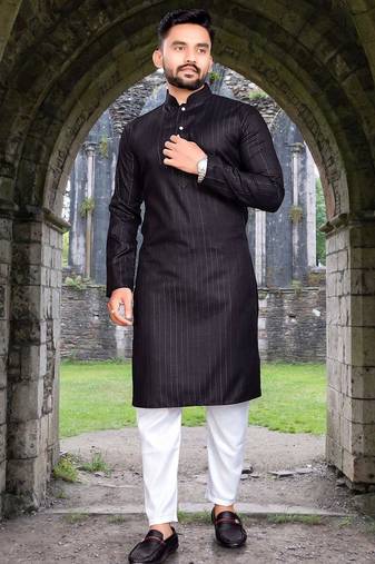 black slub cotton men kurta pyjama with silver work