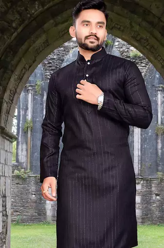 black slub cotton men kurta pyjama with silver work