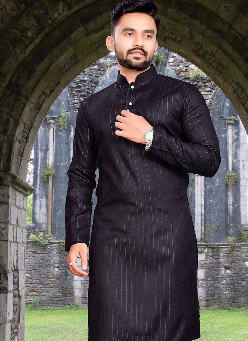 black slub cotton men kurta pyjama with silver work