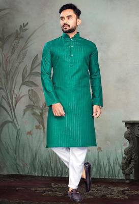 turquoise slub cotton men kurta pyjama with silver work 1