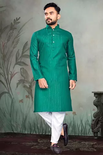 turquoise slub cotton men kurta pyjama with silver work
