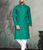 turquoise slub cotton men kurta pyjama with silver work
