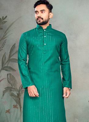 turquoise slub cotton men kurta pyjama with silver work 2