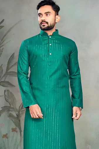 turquoise slub cotton men kurta pyjama with silver work