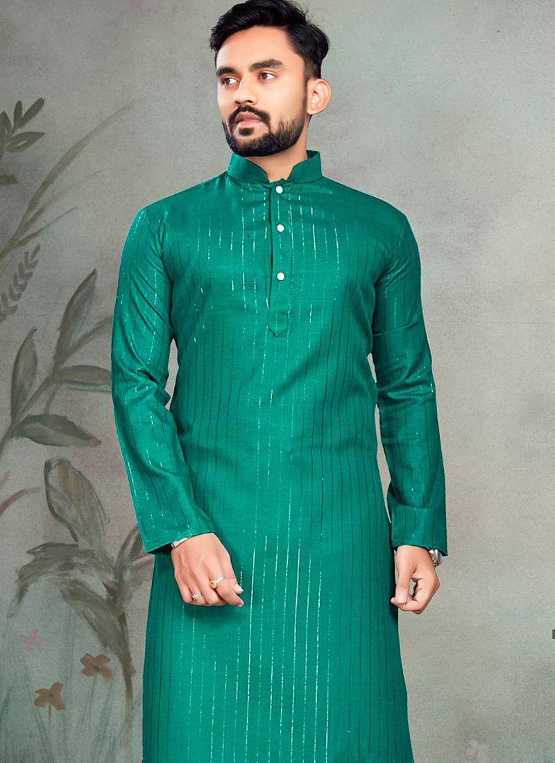 turquoise slub cotton men kurta pyjama with silver work