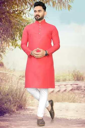 peach slub cotton weaving kurta pajama set