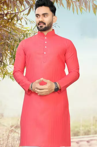 peach slub cotton weaving kurta pajama set