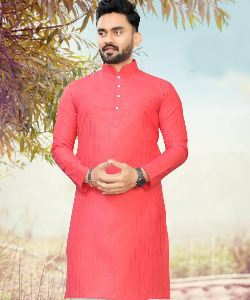peach slub cotton weaving kurta pajama set