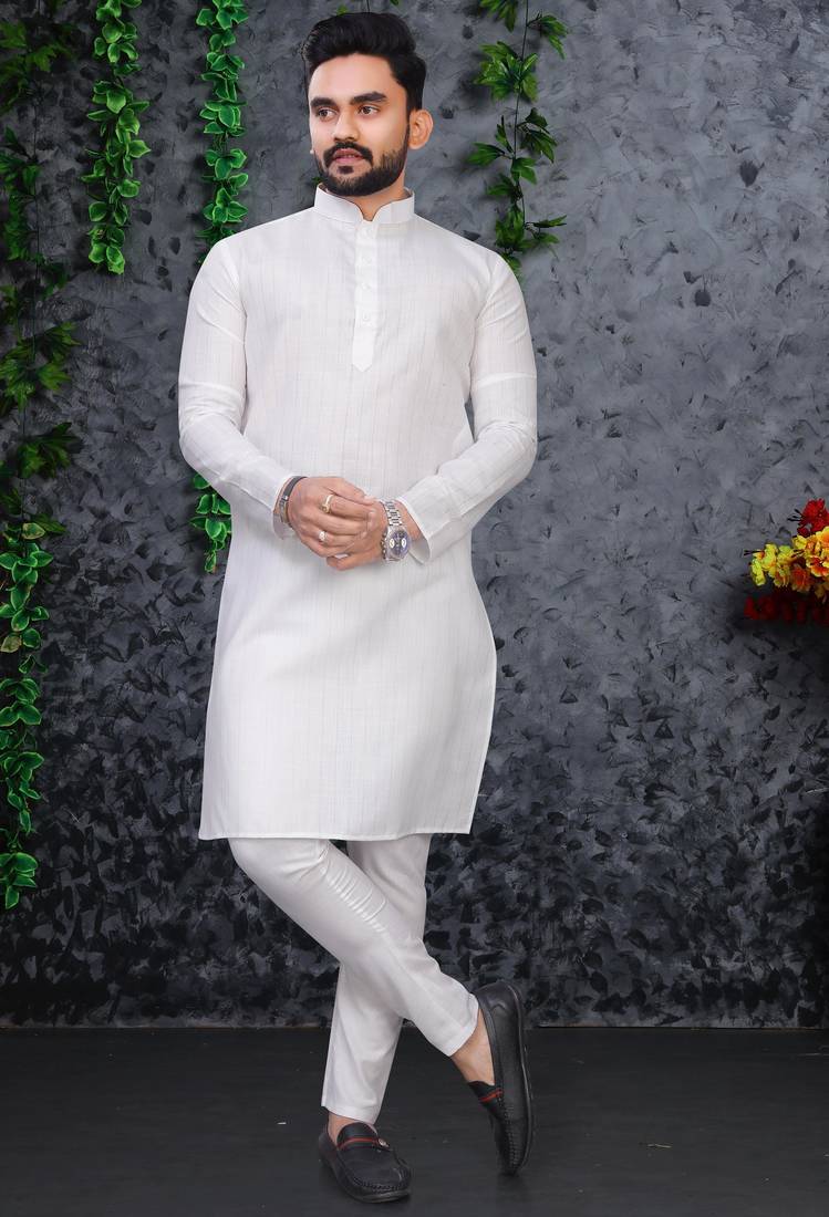 white slub cotton weaving kurta pajama set