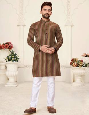brown linen cotton jacquard kurta pajama set 1