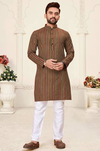 brown linen cotton jacquard kurta pajama set