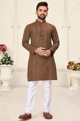 brown linen cotton jacquard kurta pajama set