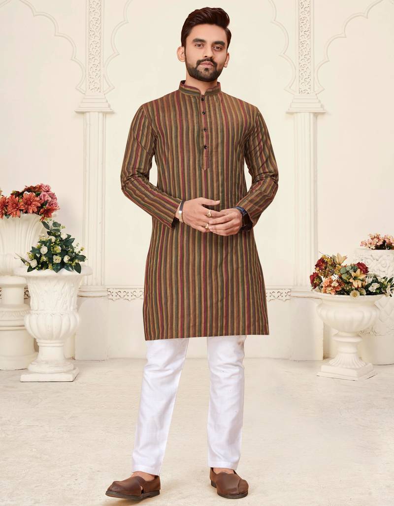 brown linen cotton jacquard kurta pajama set