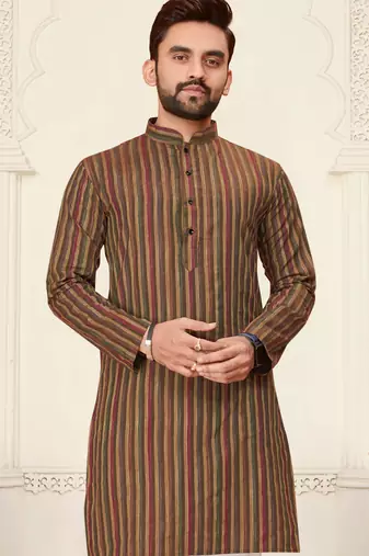 brown linen cotton jacquard kurta pajama set