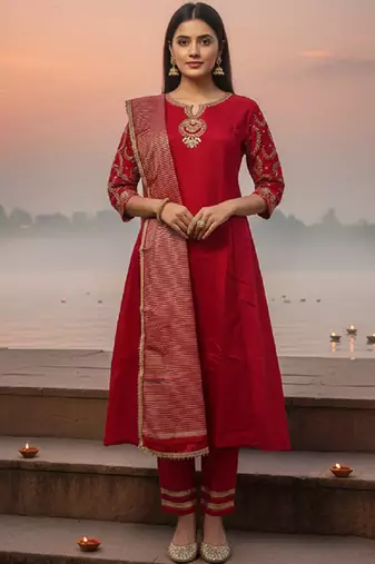 Label divine attire red silk blend embroidered kurta pant set with dupatta