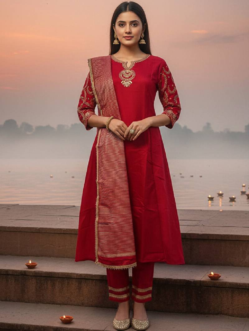 Label divine attire red silk blend embroidered kurta pant set with dupatta