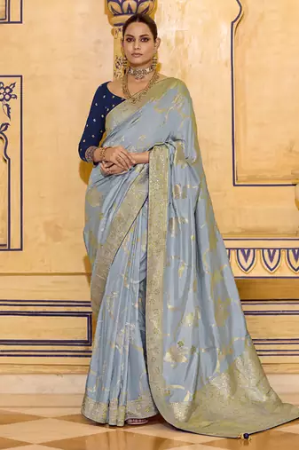 Gray crepe silk saree, beautifully crafted with rich zari weaving