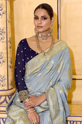 grey crepe silk saree with rich zari weaving