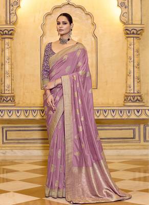onion pink crepe silk saree with zari weaving 1