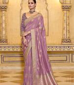 onion pink crepe silk saree with zari weaving