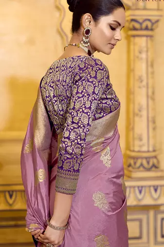 onion pink crepe silk saree with zari weaving