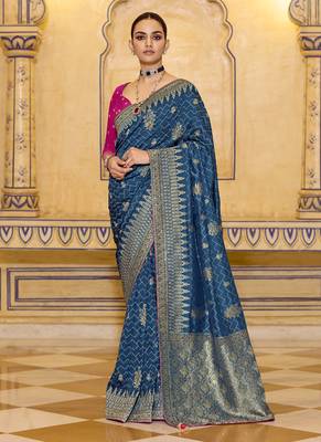 blue crepe silk saree with rich zari weaving 1