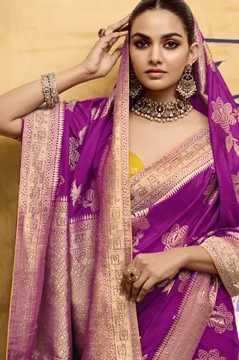 rani pink crepe silk saree with zari woven elegance
