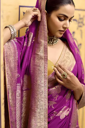 rani pink crepe silk saree with zari woven elegance