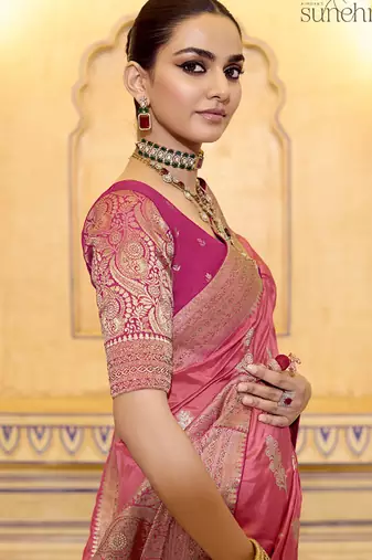 peach crepe silk saree with elegant zari weaving