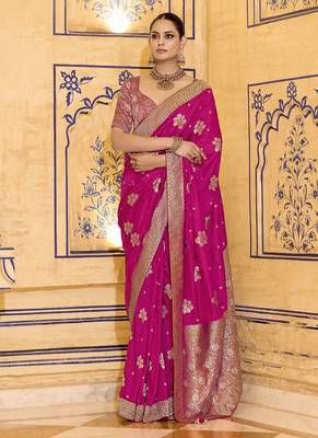rani pink crepe silk saree with rich zari weaving 1