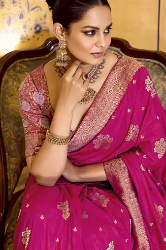 rani pink crepe silk saree with rich zari weaving
