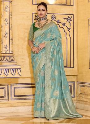 turquoise crepe silk saree with zari woven design 1