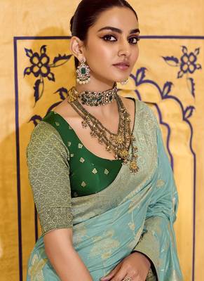 turquoise crepe silk saree with zari woven design 2