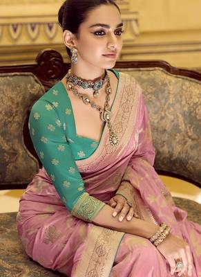peach crepe silk saree with rich zari weaving 3