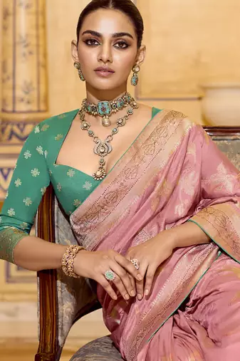 peach crepe silk saree with rich zari weaving