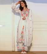White floral embroidered kurta set with duppata and palazzo pant