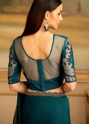 green georgette silk saree with embroidered blouse 2