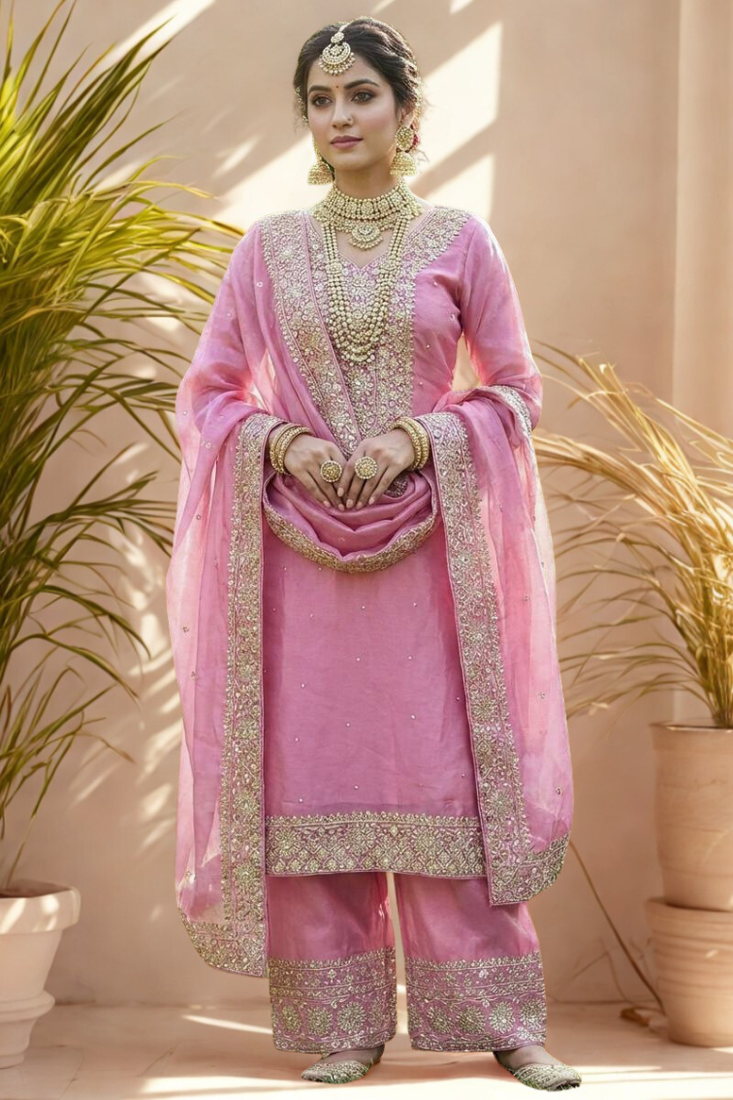 Pink Pure Silk kurta Palazzo and Dupatta Embroidered Work 3pc set